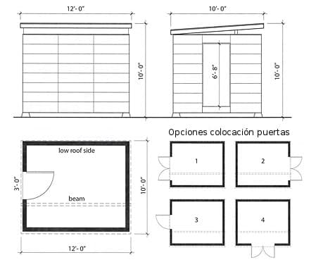 plano del cobertizo básico y opciones puertas