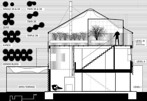 casa-prefabricada-silo-2 sección y posible agrupación modular