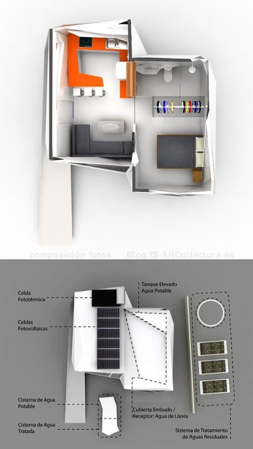 plano-casa_prefabricada-sustenhome, planta y esquema técnico