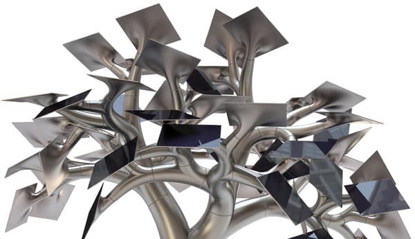 escultura metálica con forma de árbol y paneles fotovoltaicos
