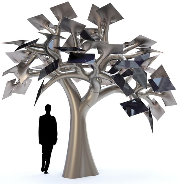 escultura metálica con forma de árbol y paneles fotovoltaicos