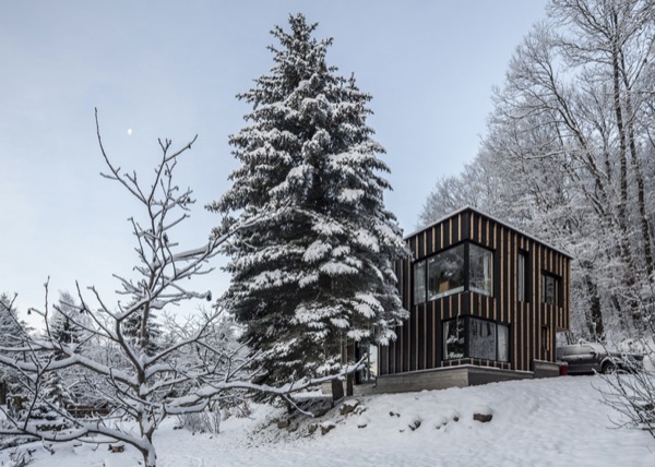 exterior-cabaña-negra-bosque-nevado