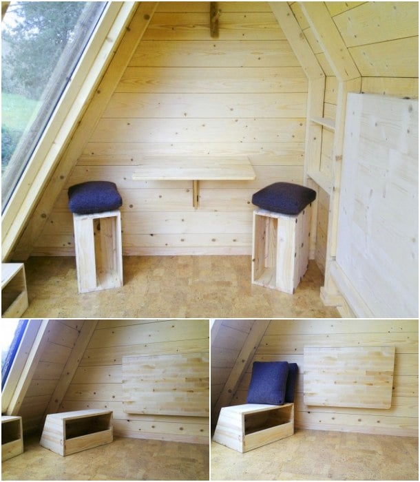 Micro cabaña de madera que gira sobre sí misma. Refugio ecológico