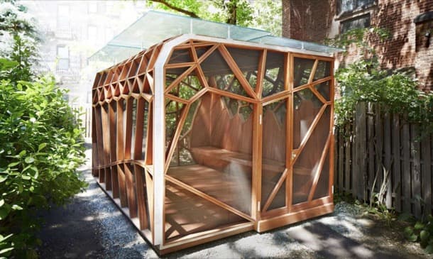 piso Gruñido Aja Pabellón para jardín, de madera sapele, vidrio, y aluminio | Dragonfly  Pavilion