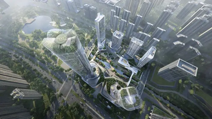 vista superior de nueva urbanización sostenible para Nanjing, China