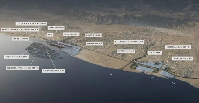 Vista aérea de Oxagon, la ciudad industrial flotante en NEOM