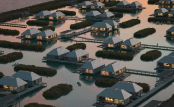 vista aérea salina con cabañas de madera