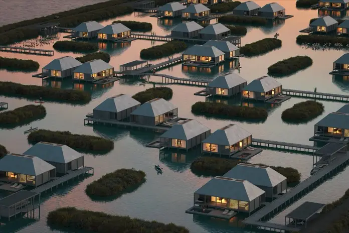 vista aérea salina con cabañas de madera