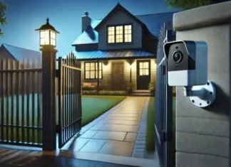 Entrada a una casa iluminada con vigilancia activa