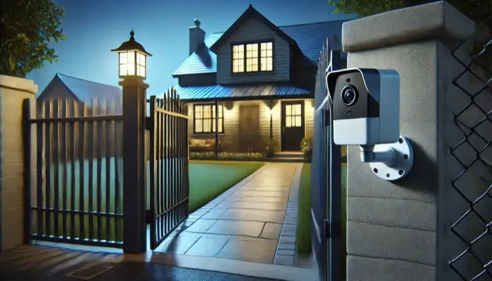 Entrada a una casa iluminada con vigilancia activa